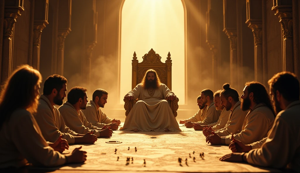 Crie uma imagem hiper-realista e misteriosa de Solomon sentado em seu trono de ouro, located in a grand throne room, where he observes the strategic movement of his advisors and officers around a large central table. The table is full of maps, scrolls and building models, representing the various areas of the kingdom's administration. Ao fundo, large arched windows let in golden light that illuminates the scene, but keeps the edges in shadows, creating an atmosphere of constant work and strategic focus. Solomon, with a serene expression of leadership, must be the center of attention, symbolizing that true prosperity comes from intelligent and persistent effort.