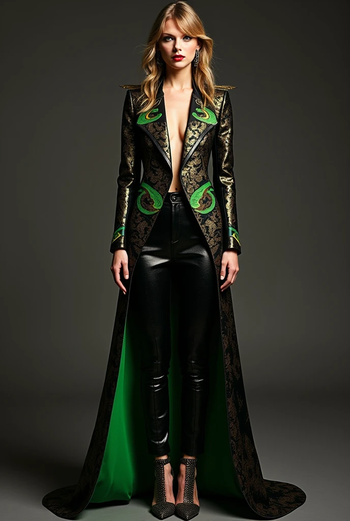 A new suit in the era of reputation for Taylor Swift to wear on The eras tour. Let it be black, gold and green and involve snakes, Taking into account the previous costumes of the era 
