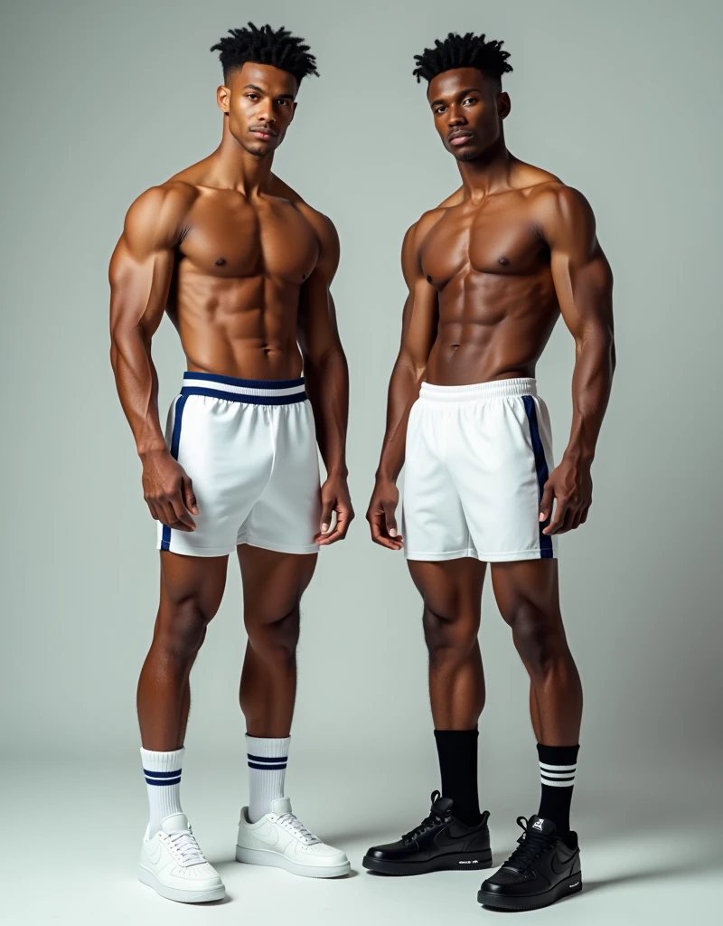 2 handsome, tall, slim men with black hair. The 1st man is shirtless, wearing micro shorts, white long socks with 2 blue stripes, and white Air Force ones. The 2nd man is shirtless, wearing white micro shorts, black long socks with 2 white stripes, and black Air Jordans. Both looking at the viewer.