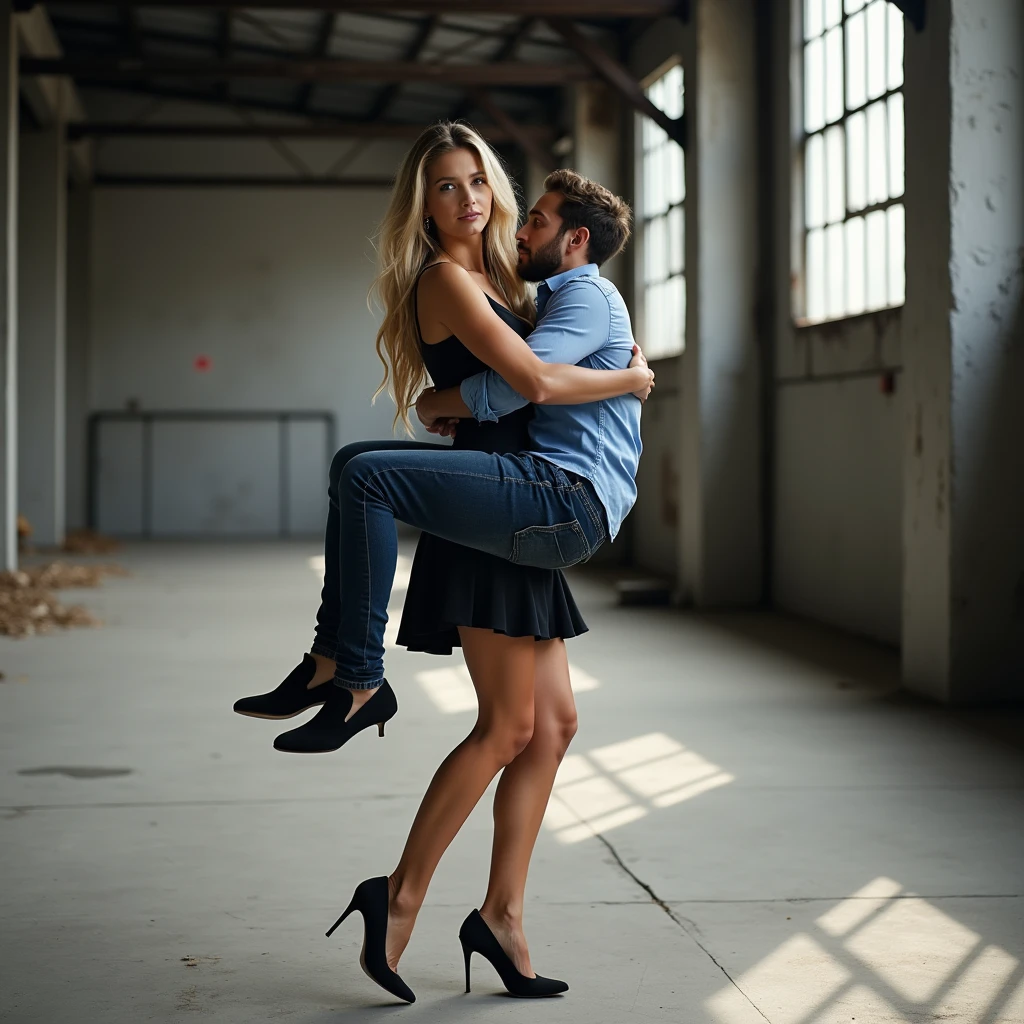 A photograph capturing a teenage strong woman holding a man in her arms, as if effortlessly carrying him like a child. The woman has long blonde hair and is dressed in a black skirt and high heels, exuding confidence. The man, wearing jeans and a blue shirt, is relaxed in her grasp, his arms draped over hers. The setting is an industrial warehouse with large windows and metal beams, with soft, natural light filtering through, casting subtle shadows on the concrete floor.