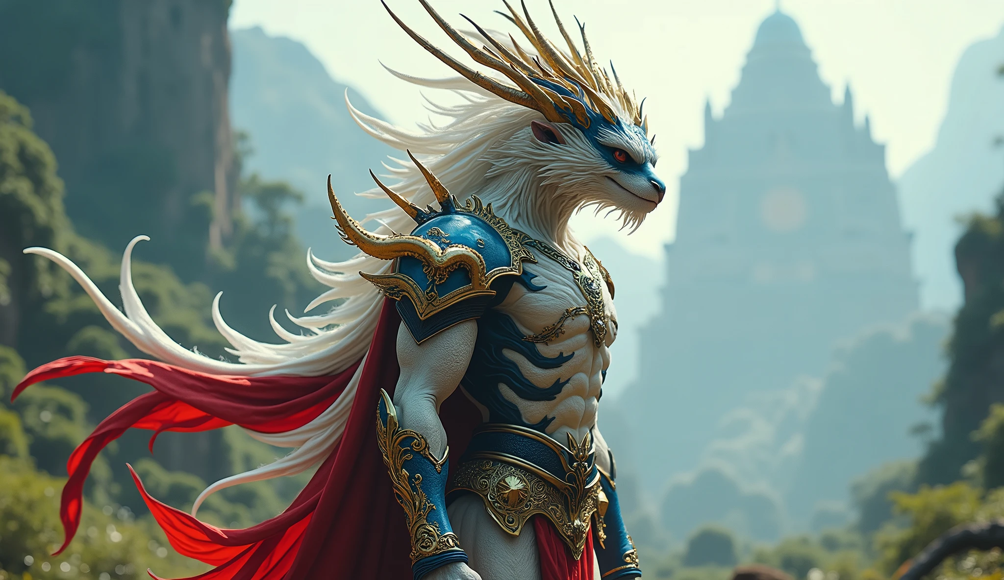 Philippines as an asiatic fantasy League of Legend creature in white, blue, red and yellow colors. Intricated clothing. Cinematic Fantasy sci-fi landscape background