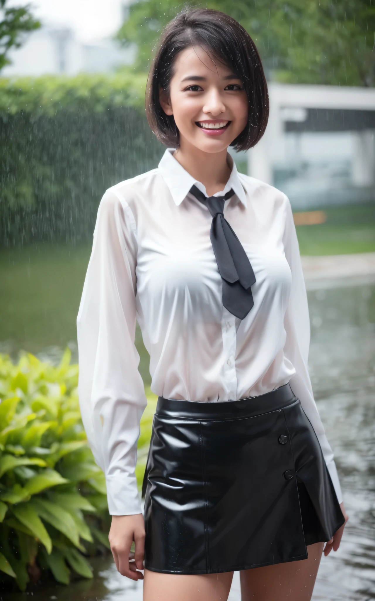 best quality, photorealistic, 8k, high res, 1girl, woman, (skindentation), (professional lighting), (portrait:0.6), (soaked White blouse, soaked Dark Skirt, ), gorgeous, (soaked short black hair:1), ((looking at viewer:1.5)), photorealistic, (bokeh), (dynamic pose:1.2), intense lighting to face area, lips, (teeth:1.3), smile, Dark Clouds, heavy rain, realistic rain effect