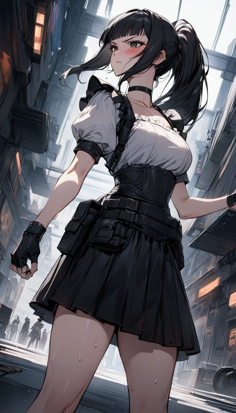 1girl solo,Female fighter ,maid outfit, collarbone, {{white puff sleeves:1.4}}, {{White short-sleeved puff-sleeved blouse:1.6}},black shoulder straps, black corset, black flared skirt, blunt bangs, black choker. Dynamic composition,dutch angle,{{fight}},{{masterpiece}}, {{{Highest quality}}},{{Very detailed}},holster ,Fight,,{{v-shaped eyebrows}},Bad mood,blush,Sweat,raise one's eyebrows ,Black hair Long hair,Blunt bangs ,cyberpunk ,Black fingerless gloves ,White frilled apron,ponytail,Beautiful thighs,Training area,Indoor