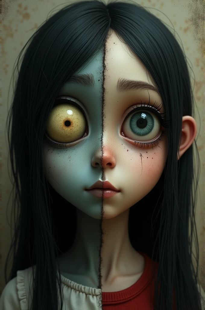 An image of Coraline, half “human” with button eyes and half animated, including a bit of terror in normal colors and in the animated one without buttons