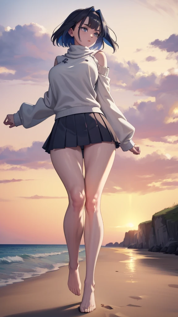 1 girl, (full body), (sweater),Pleated skirt, (highlighting hips), (turning around), outdoors, sunny, beach, (perfect hands), (perfect anatomy), (perfect body structure), ((2 arms)), ((2 legs)), masterpiece, best quality, high resolution, ultra high resolution, perfect pixels, depth perspective, 4K, ultra high resolution, /studio lighting, /sharp focus, /bright colors, /portrait, /warm colors, /soft lighting,skirt lift pov ,from below, lifted by self,