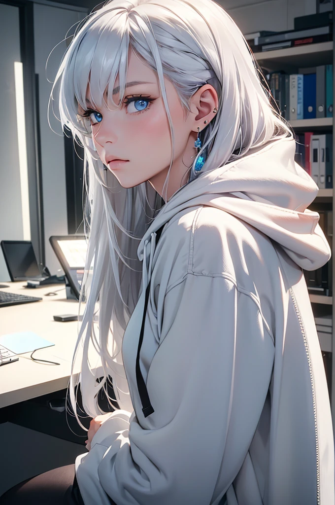 Best quality, masterpiece, ultra high res, (photorealistic:1.4), raw photo, 1girl, in an office, looking at viewer, bright icy blue eyes, white hair, long hair, loose white hoodie, black sweatpants, one earring