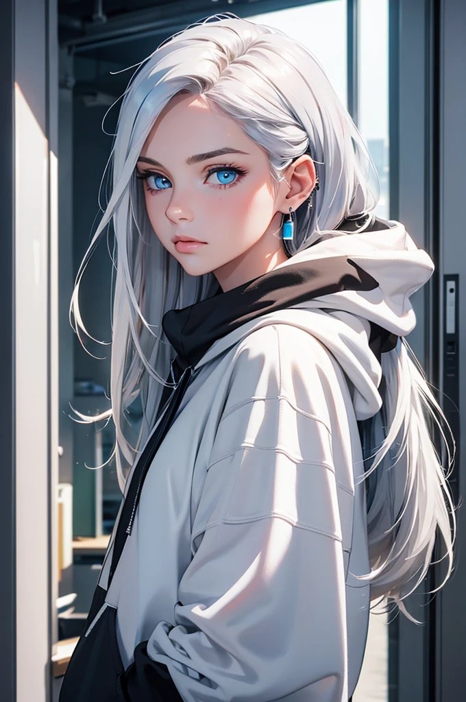 Best quality, masterpiece, ultra high res, (photorealistic:1.4), raw photo, 1girl, in an office, looking at viewer, bright icy blue eyes, white hair, long hair, loose white hoodie, black sweatpants, one earring