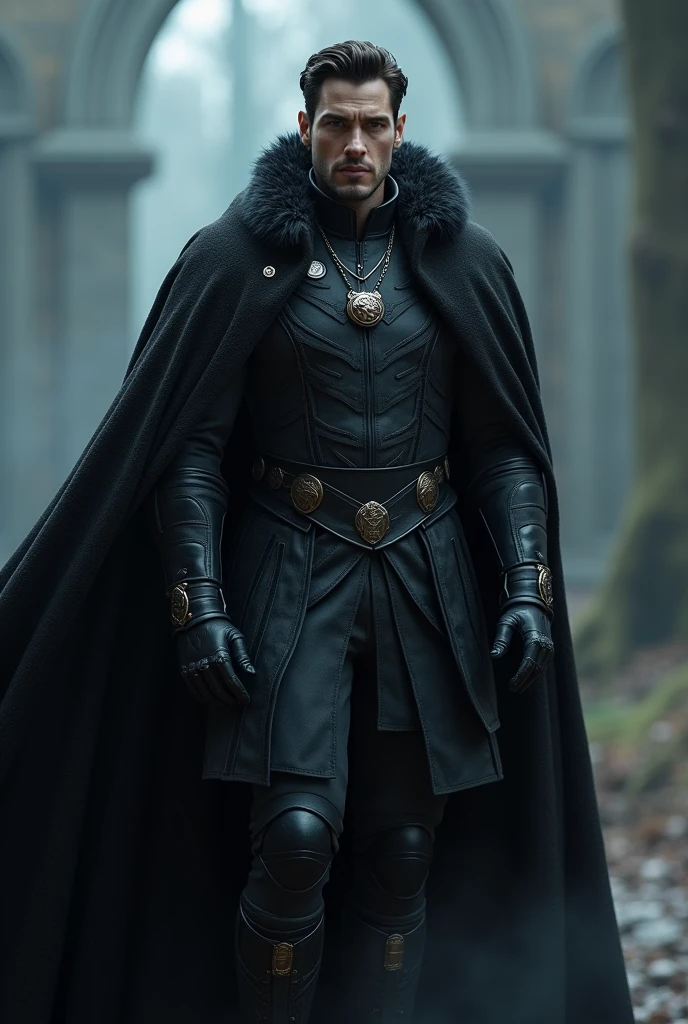 Homem stark estilo Crepúsculo, 3, stark, tall muscular, wearing a black cape, a Jhon snow style outfit