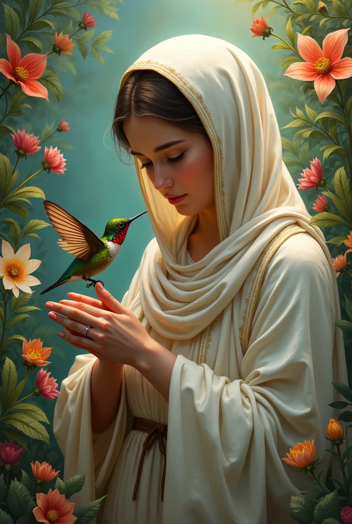 ((best quality)), ((masterpiece)), (detailed), virgin mary (a jewish woman) with a hummingbird in a flower