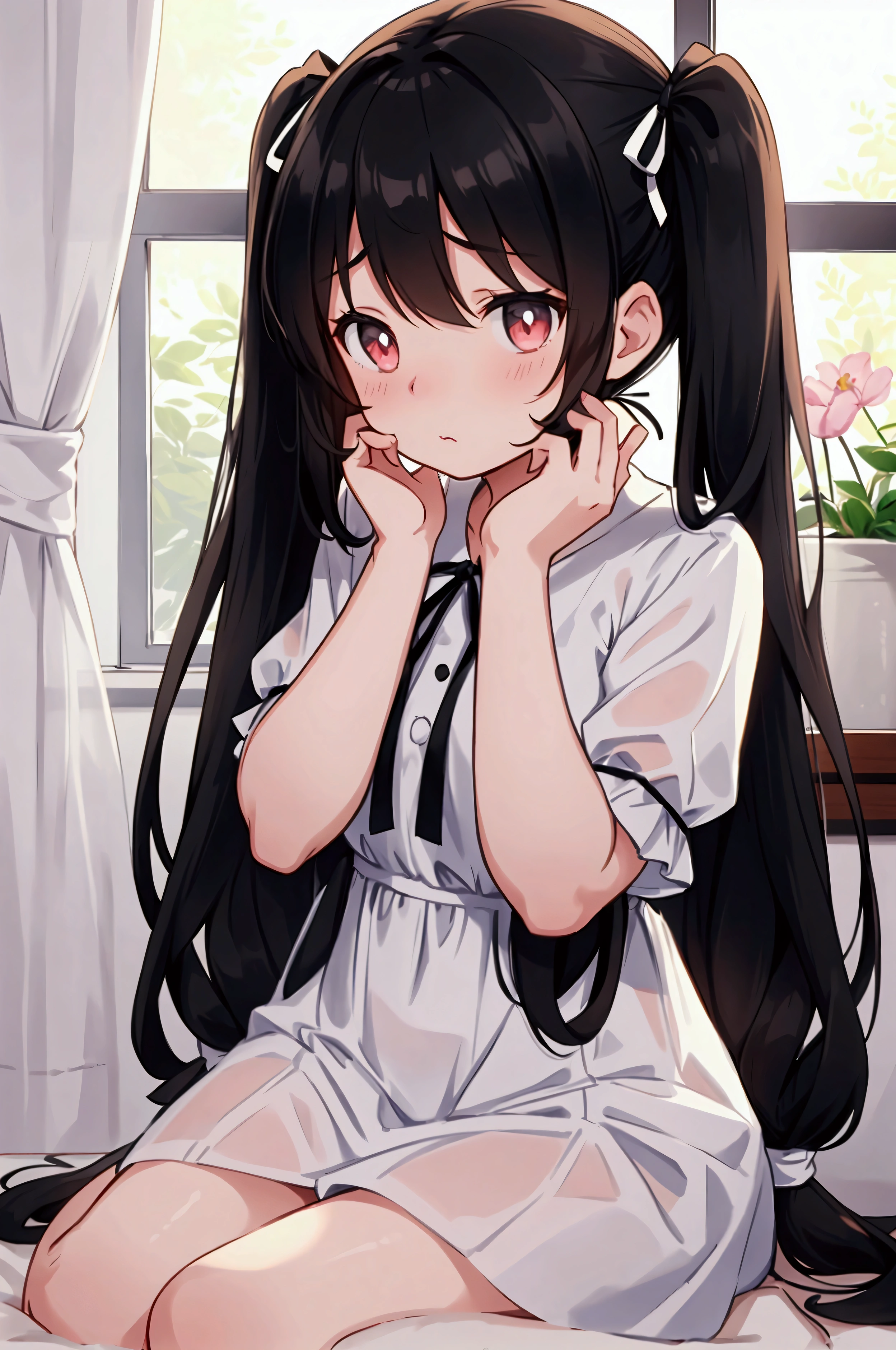 “A cute anime-style girl with long BLACK hair styled in twin tails, sitting on a bed in a bright room. She wears a white dress with a black ribbon and has a worried or anxious expression. The girl’s cheeks are flushed, and her hands are near her face, showing a shy or embarrassed pose. The room has large windows with white curtains, letting in soft natural light.”
This prompt should help create an image that closely resembles the one you provided.