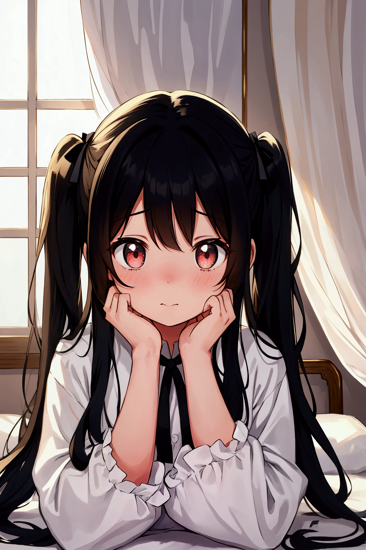 “A cute anime-style girl with long BLACK hair styled in twin tails, sitting on a bed in a bright room. She wears a white dress with a black ribbon and has a worried or anxious expression. The girl’s cheeks are flushed, and her hands are near her face, showing a shy or embarrassed pose. The room has large windows with white curtains, letting in soft natural light.”

This prompt should help create an image that closely resembles the one you provided.