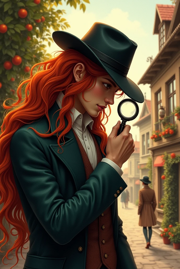 dressed in detective clothing, long red hair, relaxed pose, with a magnifying glass in his hand, a town in the background, realistic and intricate details, warm colors, by Greg Rutkowski, by Alfonso Mucha