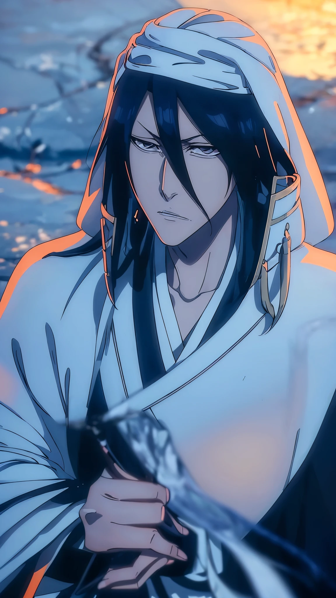 Byakuya Kuchiki from Bleach, handsome, male, black hair, medium-long hair, veil on head(kufiya), black clothes, pale skin, ((best quality)), ((master part)), ((detailed)), 16k, HDR, RTX, (masterpiece, aesthetic: 1.3), (1 man), perfect hands, (dynamic pose:1.2), close-up, portrait.