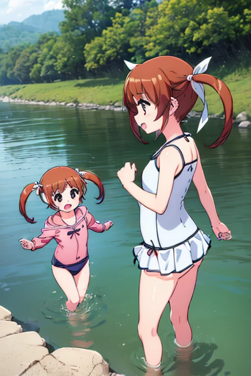 (((1girls・２girls, twin tails, river, playing in the river, swimsuit, playing)))、White ribbon