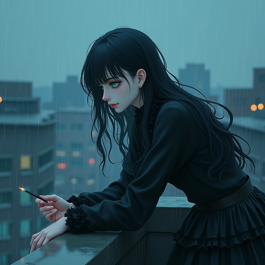 A sexy male with teal blue eyes and long black hair, with a nice and delicate face, dressed in frilly gothic clothes, his skin is pale and snow white, he's smoking while leaning back from the edge of the rooftop. It's raining. He looks all gloomy. anime style. (((gloomy effect)) ((despair)) ((depressive)) about to jump off the roof. looking down. Shiny. Masterpiece. Beautifully drawn face.