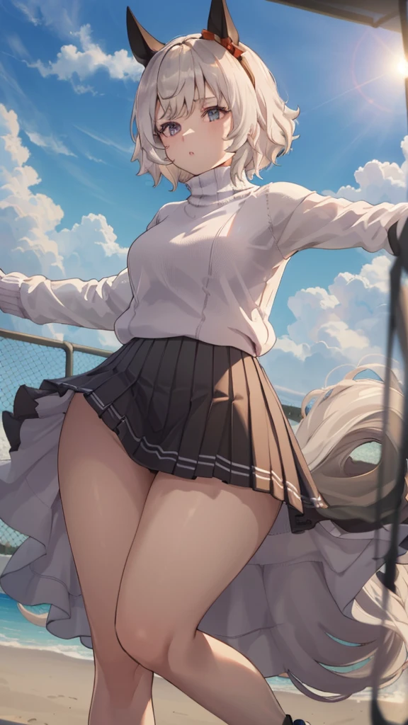 1 girl, (full body), (sweater),Pleated skirt, (highlighting hips), (turning around), outdoors, sunny, beach, (perfect hands), (perfect anatomy), (perfect body structure), ((2 arms)), ((2 legs)), masterpiece, best quality, high resolution, ultra high resolution, perfect pixels, depth perspective, 4K, ultra high resolution, /studio lighting, /sharp focus, /bright colors, /portrait, /warm colors, /soft lighting,skirt lift pov ,from below, lifted by self,