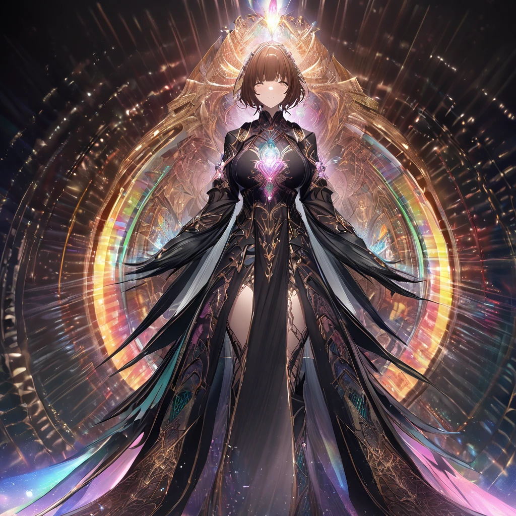 Where technology meets spirituality, A shining celestial object surrounded by a holographic aura of rainbow light, Emitting an otherworldly beauty. The image is a digital hologram projected against a pitch black background.。, Creates a striking contrast. Its graceful presence、It is highlighted by intricate metalwork patterns that dance and change with movement.。. The details are so clear and realistic、It feels like God is about to jump out of the screen.。. The overall effect is mesmerizing, Immerse your audience in an awe-inspiring world of wonder and magic.anime , One person, Brown Hair、Lick bangs, Large Breasts, Big feather、Angel、Ring on top of head, Photograph the whole body