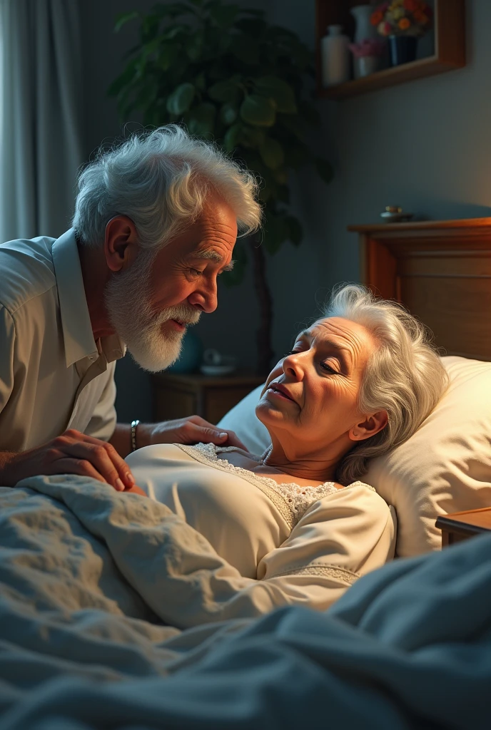 Grandfather and grandmother in the room, the grandmother waking up scared