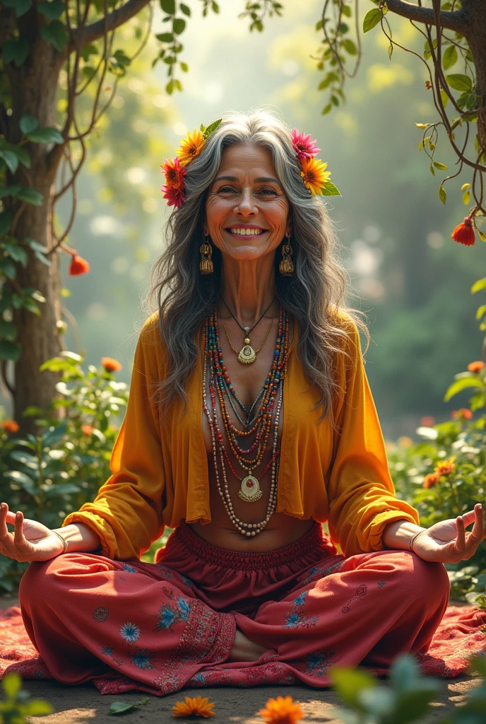 67 year old Mexican lady, hippie/ bohemia. does yoga in the afternoon
