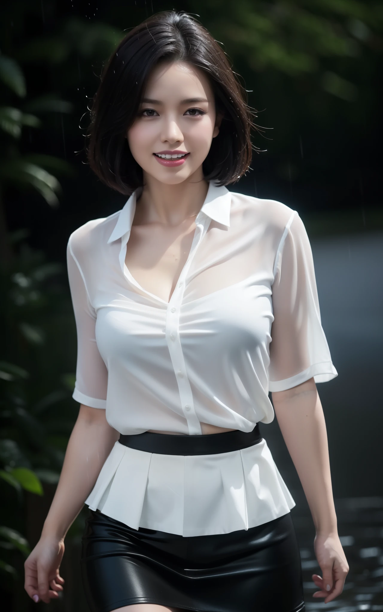 best quality, photorealistic, 8k, high res, 1girl, woman, (skindentation), (professional lighting), (portrait:0.6), (soaked White blouse, soaked Dark Skirt, ), gorgeous, (soaked short black hair:1), ((looking at viewer:1.5)), photorealistic, (bokeh), (dynamic pose:1.2), intense lighting to face area, lips, (teeth:1.3), smile, Dark Clouds, heavy rain, realistic rain effect