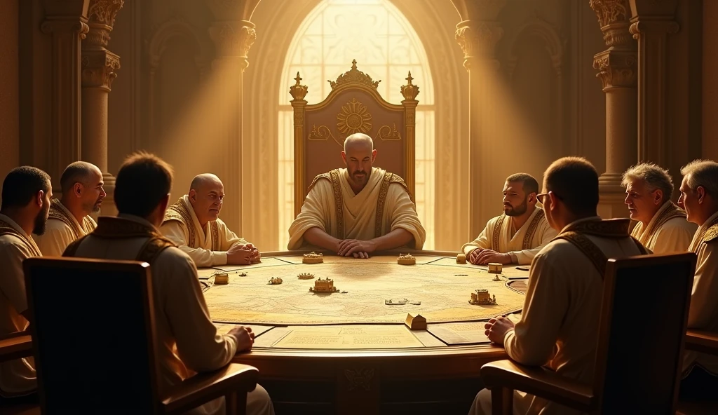 Crie uma imagem hiper-realista e misteriosa de Solomon sentado em seu trono de ouro, located in a grand throne room, where he observes the strategic movement of his advisors and officers around a large central table. The table is full of maps, scrolls and building models, representing the various areas of the kingdom's administration. Ao fundo, large arched windows let in golden light that illuminates the scene, but keeps the edges in shadows, creating an atmosphere of constant work and strategic focus. Solomon, with a serene expression of leadership, must be the center of attention, symbolizing that true prosperity comes from intelligent and persistent effort.