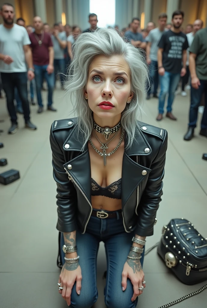 russian old milf woman, grey hair (male high quiff with shaved sides) with very light blue eyes, extremely pale. Wearing cropped black moto jacket (with side zippers and pins), undersized black and white lace push up bra with white seams , dark skinny stone washed blue jeans (with white seams) and pointy silver Chelsea boots with cuban heels . Lots of metallic bracelets and collars. Tacky wide studded leather belt (with oversized skull and bones huge buckle). Long bohemian earrings. Kneeling like in a payer, looking at the camera, humble facial expression. Hands on her knees, showing off bracelets and rings. studded black leather tote bag with chains on the floor, next to her.. Listening in amazement to somebody speaking to her with tilted head, well toned abdominals, thin neck, slim legs and thin arms. Tattoed heavily. In a church: a lot of people around outraged. next to her, all her belongings on the floor.