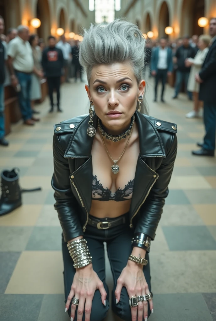 russian old milf woman, grey hair (male high quiff with shaved sides) with very light blue eyes, extremely pale. Wearing cropped black moto jacket (with side zippers and pins), undersized black and white lace push up bra with white seams , dark skinny stone washed blue jeans (with white seams) and pointy silver Chelsea boots with cuban heels . Lots of metallic bracelets and collars. Tacky wide studded leather belt (with oversized skull and bones huge buckle). Long bohemian earrings. Kneeling like in a payer, looking at the camera, humble facial expression. Hands on her knees, showing off bracelets and rings. studded black leather tote bag with chains on the floor, next to her.. Listening in amazement to somebody speaking to her with tilted head, well toned abdominals, thin neck, slim legs and thin arms. Tattoed heavily. In a church: a lot of people around outraged. next to her, all her belongings on the floor.