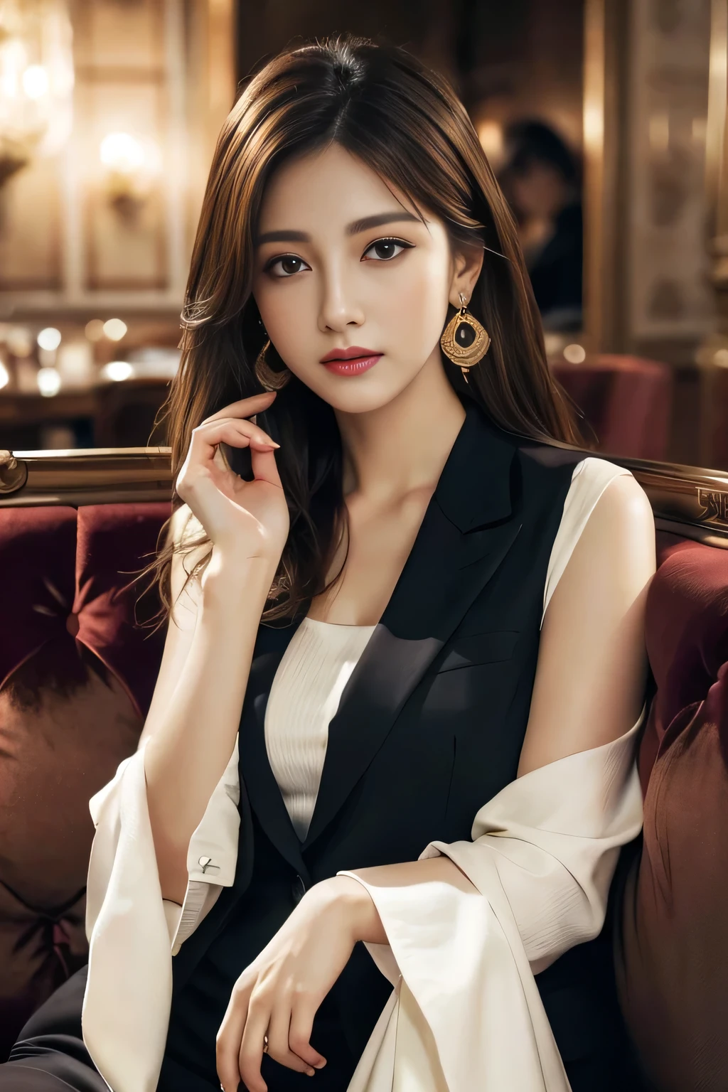 masterpiece, Highest quality, Realistic, Very detailed, Finer details, High resolution, 8k wallpaper, One beautiful woman, Wear a nice suit, In a great restaurant, At night, Light brown messy hair, Perfect dynamic composition, Beautiful and beautiful eyes、Big earrings、Sit on the sofa