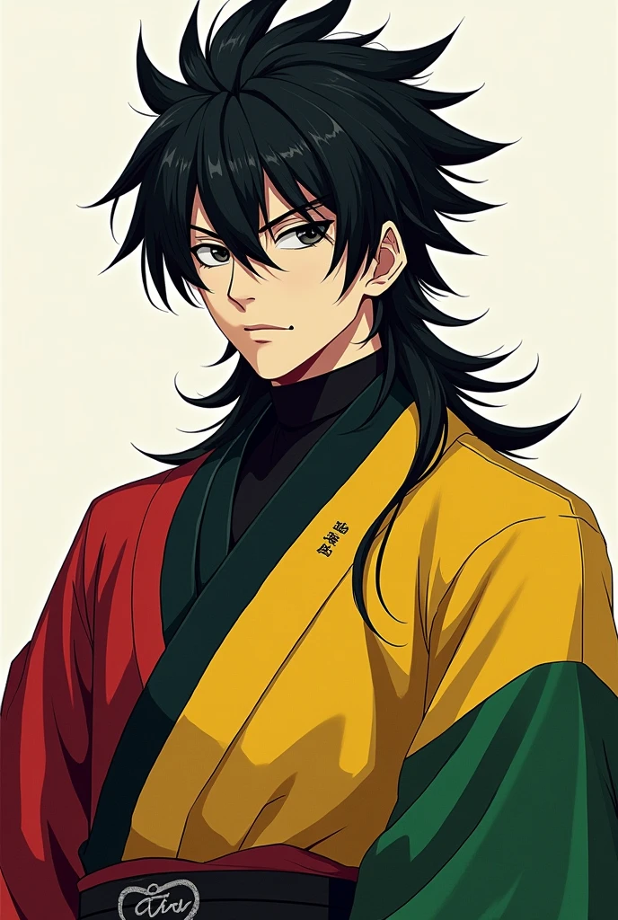 Serious 21 year old man with long black spiky hair wearing a black uniform and a kimono on the left side is red and on the right is yellow and green