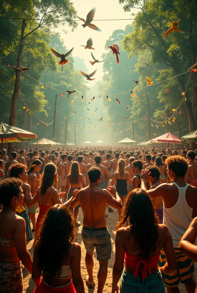 In the forest of the forest in the tropical mountains of Brazil, the sun shines in. the photo is taken from the middle of the crowd. There is a party with lots of music, music instruments,people dancing each in their own way alongside different animals and birds