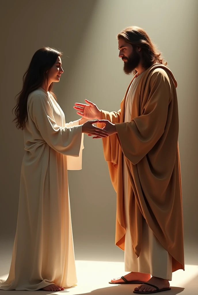 make an image of Jesus Christ according to the Catholics of Brazil, he is extending his hand towards a woman as if he were blessing her, ultra realistic image with zoom approaching in 16:9