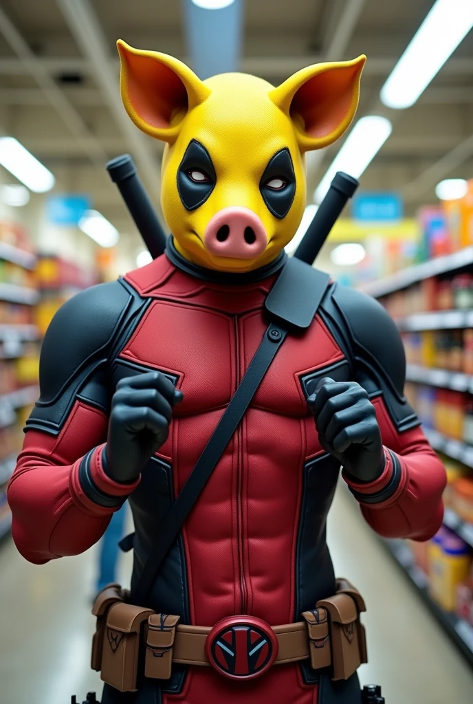 Deadpool with a yellow pig head advertising a supermarket
