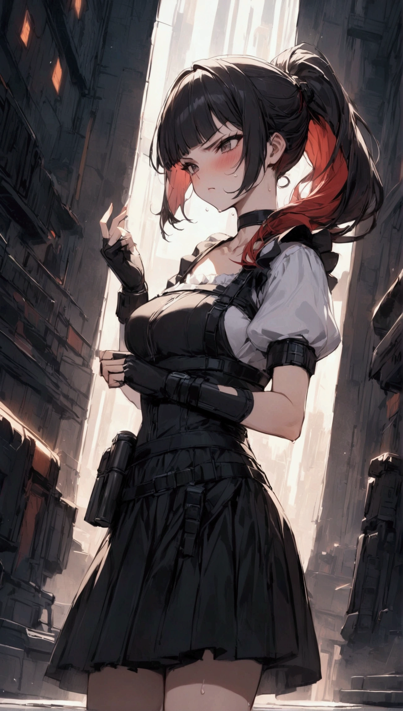 from side,cowboy shot,1girl solo,Female fighter ,maid outfit, collarbone, {{white puff sleeves:1.4}}, {{White short-sleeved puff-sleeved blouse:1.6}},black shoulder straps, black corset, black flared skirt, blunt bangs, black choker. Dynamic composition,dutch angle,fighting stance,{{fight}},{{masterpiece}}, {{{Highest quality}}},{{Very detailed}},holster　,Fight,,{{v-shaped eyebrows}},Bad mood,blush,Sweat,raise one's eyebrows　,Black hair Long hair,Blunt bangs　,cyberpunk　,Black fingerless gloves　,White frilled apron,ponytail,Red hair band,Training area,Indoor,