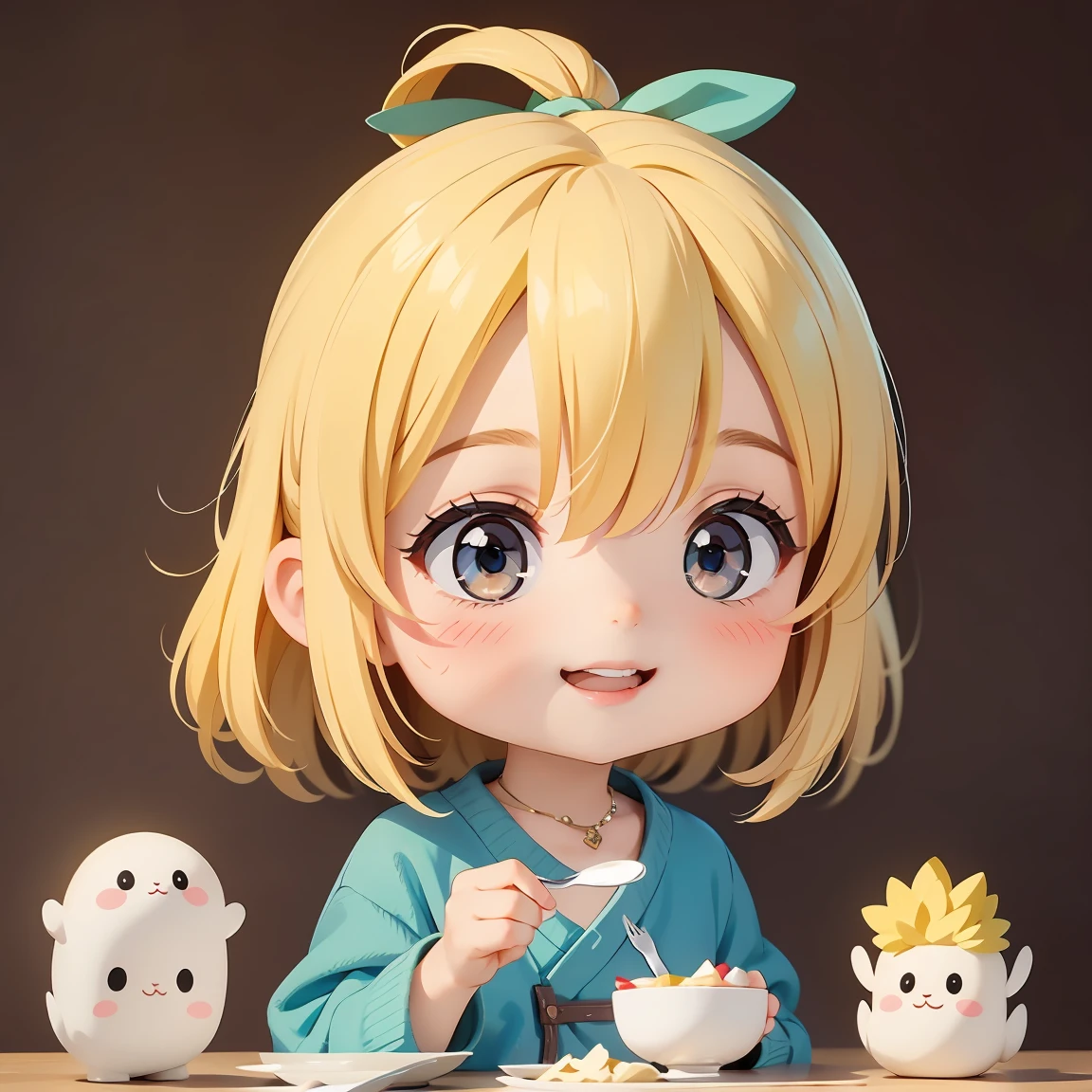 Super Chibi Character:1.8、Blonde Hair、Cute 7 year old girl、Super Chibi Character:1.8、Super Smile、smile、holding a fork and knife、holding a fork and knife