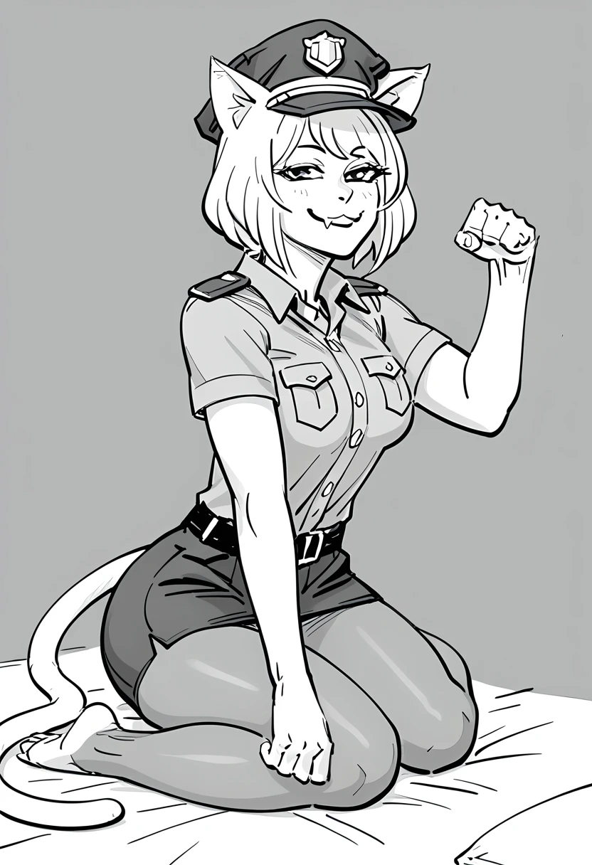 score_5_up,score_6_up,score_7_up,
a cat_girl police officer sleeping, paw pose, tail, smug, fang