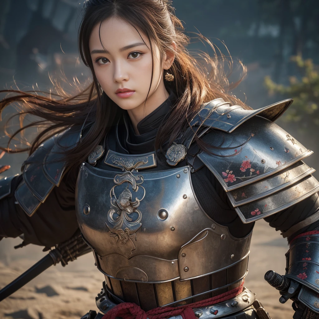 (8k, Highest quality, masterpiece:1.2), (Realistic:1.4), RAW Photos, Highest quality, Ultra-high resolution, Best Shadow, (whole body:1.4), Japanese Armor, Samurai sword, Large and amazing environment, Highly detailed facial features, Beautiful and perfect face, Perfect Eyes