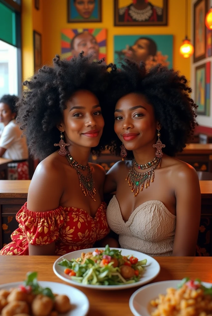 créer une image de deux copines voulant mettre en valeur leurs beaux cheveux crépus, elles sont des afro haïtienne, avec des perles, charbonniers, boucles d'oreilles ankh, habits traditionnels folkloriques. Elles sont assises dans un restaurant très coloré en Haïti avec de beaux tableaux sur les murs, des plats créoles haïtiens. Serveuse très coquette. Fête l anniversaire, decorations dans la salle