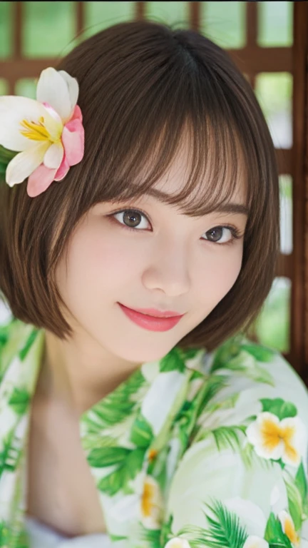 masterpiece、Highest quality、High resolution、Tabletop、wallpaper、Realistic、Bright lighting、Professional Lighting、Face Light、Smooth lighting、Japanese women、Adult female、Beautiful woman、、Modeled、gravure、sexy、so beautiful、Beautiful Skin、Beautiful and detailed、Detailed face、slim、Large Breasts、Cleavage 、short hair、Brunette Hair、Brown eyes、Looking into the camera、Japanese Kimono、Japanese Yukata、hot spring、smile,topless、Exposing her breasts、Exposing shoulders