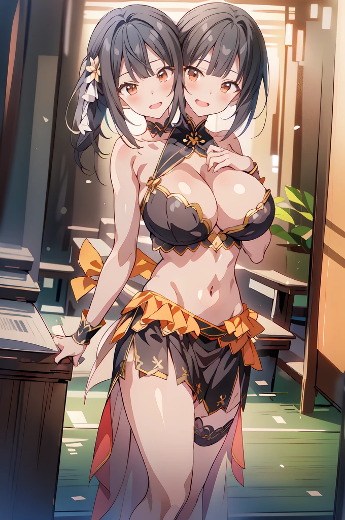 1girl, chabashira sae, (3heads:1.5), open belly, very huge breasts, long hair, (black hair:1.5), hair ornament, (brown eyes:1.3), ponytail, hairclip, evil smile, blush, lipstick, masterpiece, best quality, highly detailed, fantasy , a anime girls in armored dress holding a sword
posing for a picture, evil smile, smile, open mouth, breastplate with open cleavage, cleavage, warrior
outfit, ecchi anime style, anime girls, ecchi style, ecchi, digital anime art!!, in
anime style, official artwork, visual novel cg, beautiful anime girl, anime style 4 k , loincloth, exposed
belly, exposed navel, exposed midriff, exposed lower belly, pencil skirt armored, castle,inside castle