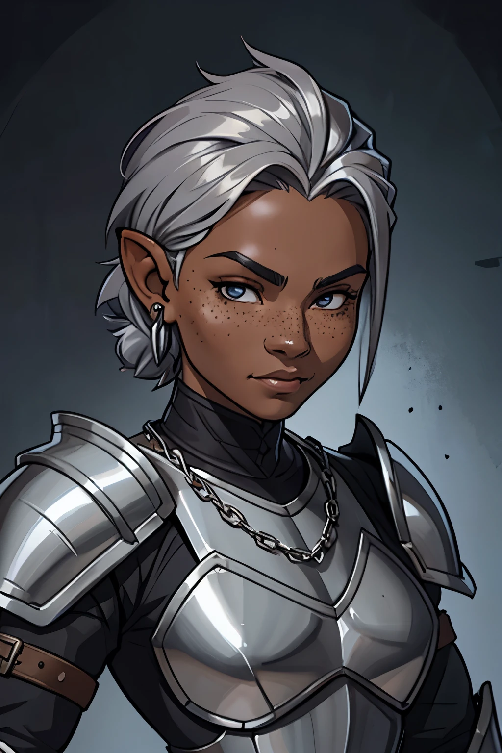 silver hair, tomboy deep gnome with freckles, dark gray skin, black steel plate armor, bust portrait, ear chain jewelry