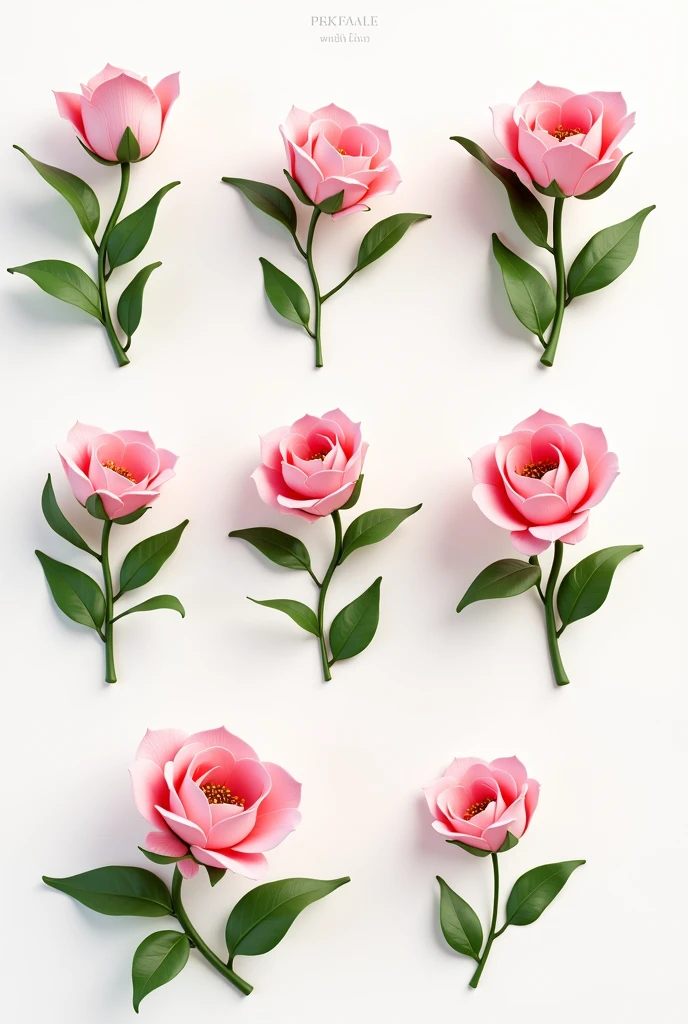 Pink flowers in different shapes, with green leaves in different poses, 3 images from different angles and one image of the individual flowers