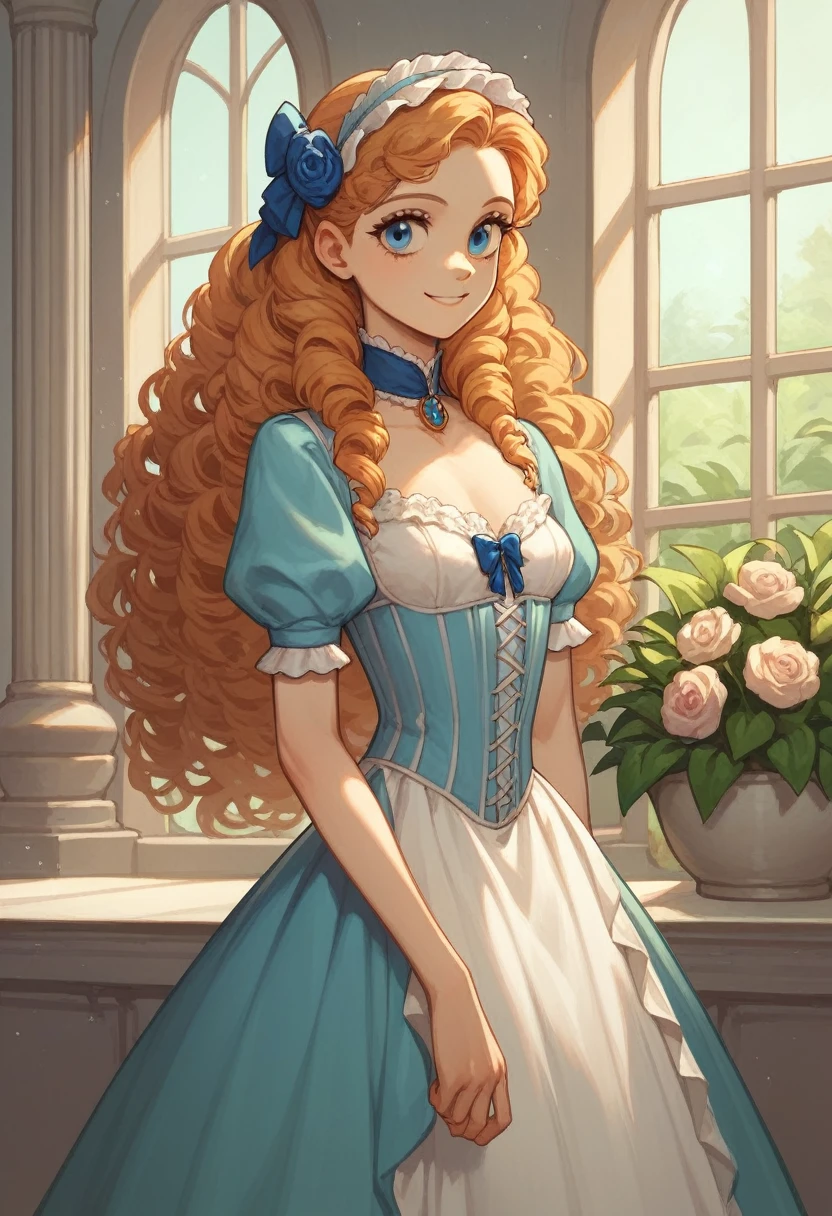 A playing in a flowery garden, smiling, in a Victorian mansion, this has jaffa hair, is a small child, full-bodied, slim, has blue eyes, noble dress, Victorian style, long slightly curly hair, with fringes.