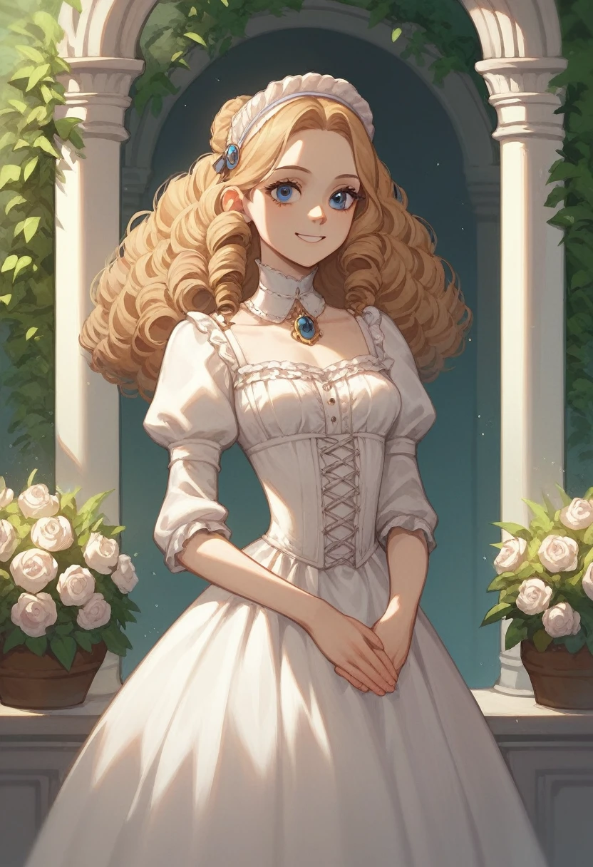 A  playing in a flowery garden, smiling, in a Victorian mansion, this  has jaffa hair, is a small child, full-bodied, slim, has blue eyes, noble dress, Victorian style, long slightly curly hair, with fringes.
