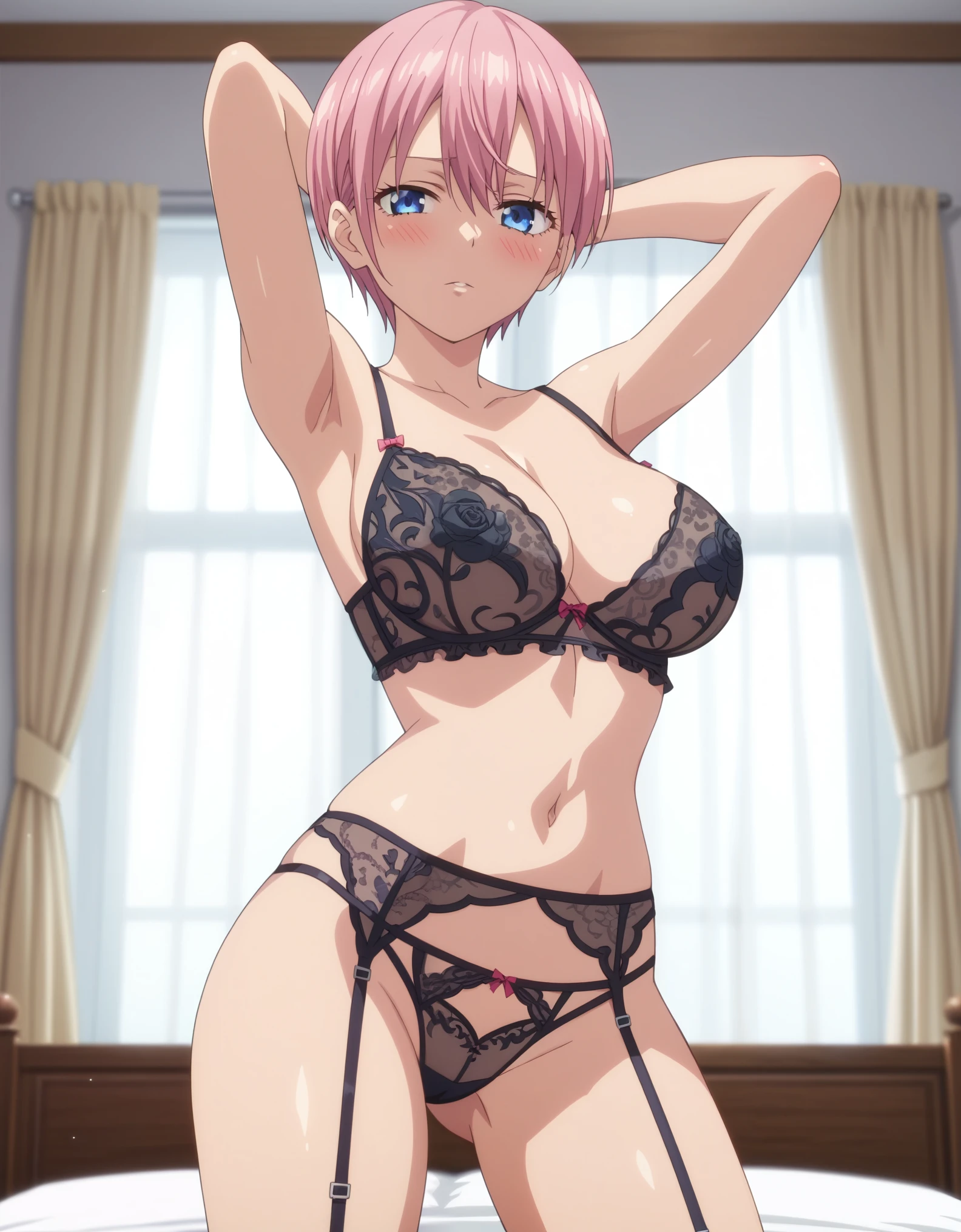 score_8_up, score_7_up, anime screencap, best quality, clear face, 1girl, ichika nakano, short hair, bangs, blue eyes, hair between eyes, pink hair, large breasts, looking at viewer, from front, standing, black lingerie, sexy lingerie, navel, cleavage, blush, arms behind head, thighs, spread legs, bedroom, hotel, cowboy shot