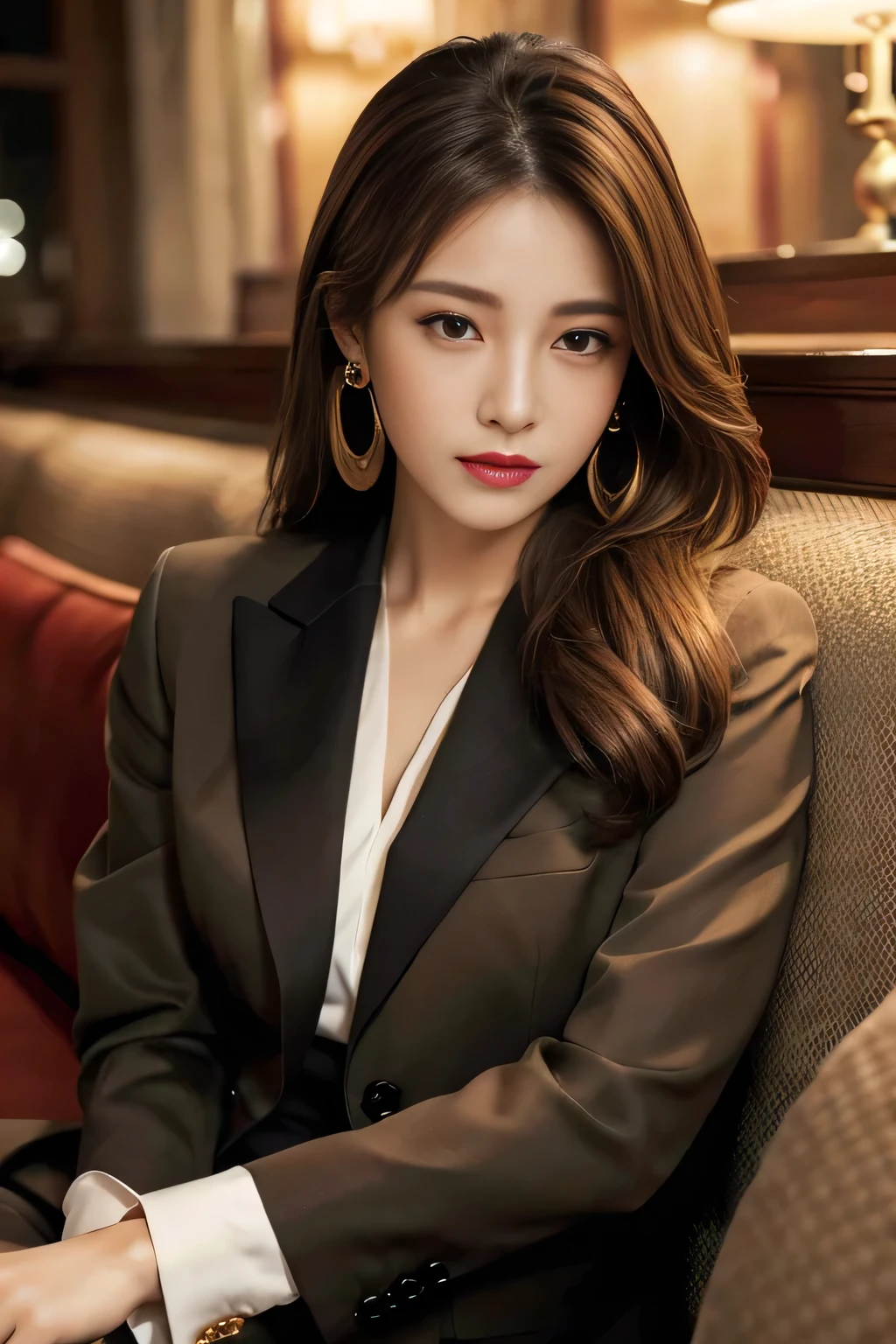 masterpiece, Highest quality, Realistic, Very detailed, Finer details, High resolution, 8k wallpaper, One beautiful woman, Wear a nice suit, In a great restaurant, At night, Light brown messy hair, Perfect dynamic composition, Beautiful and beautiful eyes、Big earrings、Sit on the sofa