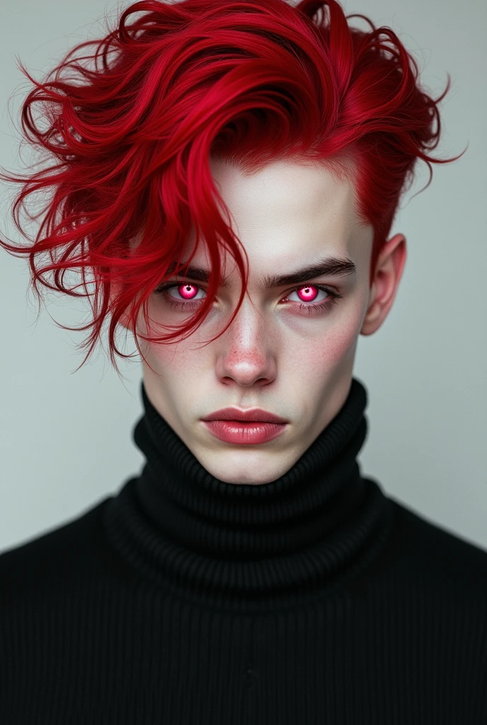 19 year old boy with white skin,
pale skin Messy hair 
Handsome and attractive italin traits
Blood red hair
Red hair
Pink eyes 
Pink eyes
Punk eyes
Very pink eyes
Focusing only on his face
Wearing black clothes 