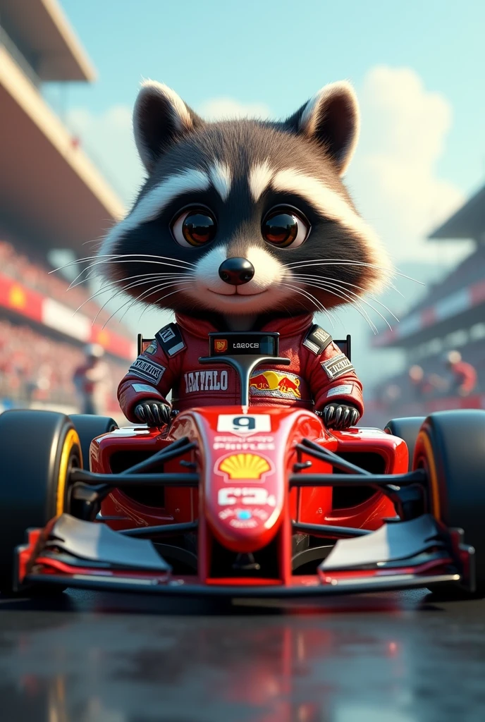 A Formula 1 racing raccoon