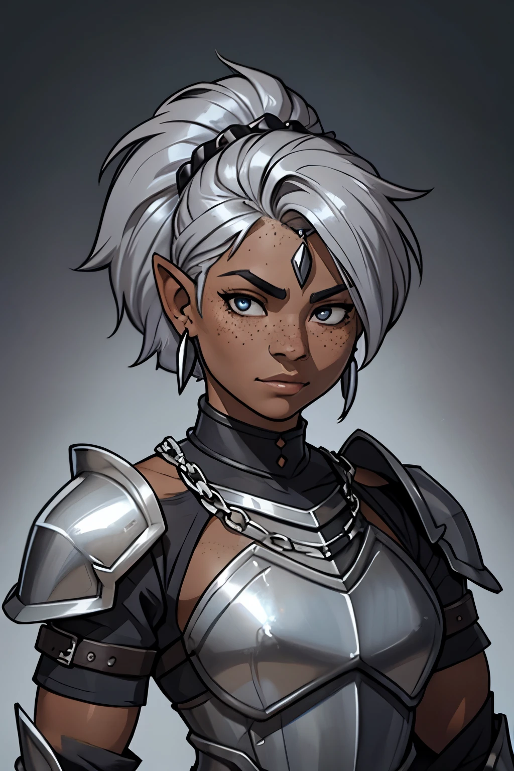 silver hair, tomboy deep gnome with freckles, dark charcoal gray skin, black steel plate armor, bust portrait, ear chain jewelry