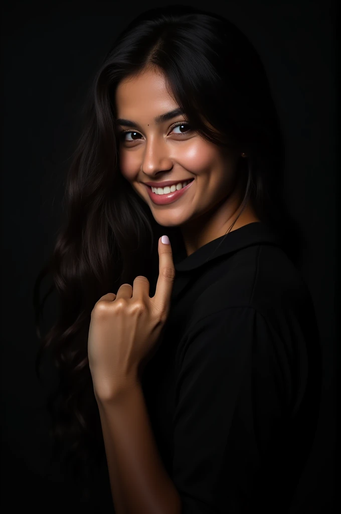 "Generate a close-up portrait of a young Indian woman with long, flowing dark hair. She is wearing a black shirt and standing against a completely dark background. The woman is turning back over her shoulder with a soft, playful smile. Her expression is inviting as she gestures with her index finger, subtly beckoning someone to follow her. The lighting should be soft, highlighting her facial features while maintaining a moody, intimate atmosphere."