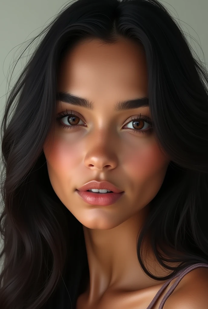 (photoréalisme : 1,2), femme brésilienne, cheveux noirs longs et raides, yeux marrons, âge 20 à 25 ans, photo de face